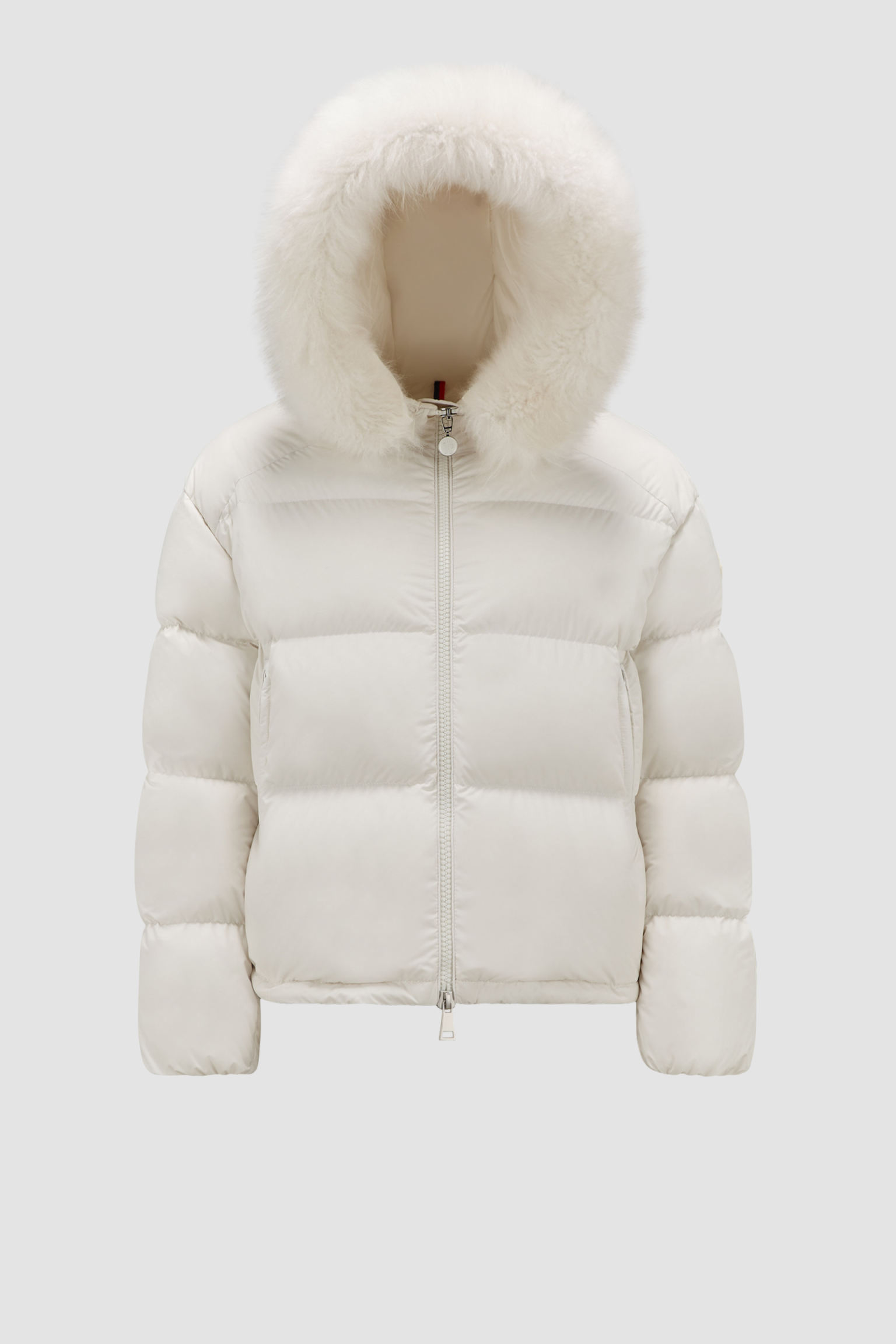 秋冬新品 mino女士羊毛饰边兜帽短款羽绒服夹克外套 白色 – 短款羽绒